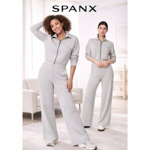 SPANX Air Essentials Jumpsuit Women's XL Wide Leg Half Zip Light Gray NEW